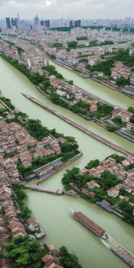 Along the River During the Qingming Festival，horizontal layout, high resolution, best quality, ultra-detailed, dynamic angle, floating, bustling cityscape, intricate details, historical architecture, flowing river, vivid colors, volumetric lighting, crowded boats and bridges, rich cultural background.