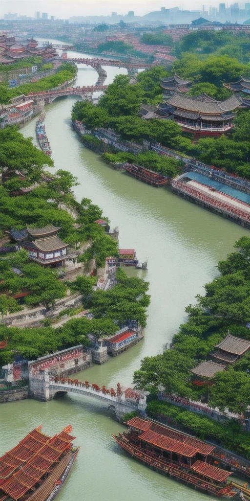 Along the River During the Qingming Festival，horizontal layout, high resolution, best quality, ultra-detailed, dynamic angle, floating, bustling cityscape, intricate details, historical architecture, flowing river, vivid colors, volumetric lighting, crowded boats and bridges, rich cultural background.