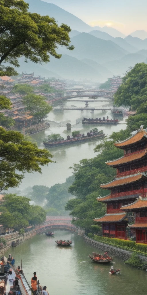 Along the River During the Qingming Festival,horizontal layout, high resolution, best quality, ultra-detailed, dynamic angle, floating, bustling cityscape, intricate details, historical architecture, flowing river, vivid colors, volumetric lighting, crowded boats and bridges, rich cultural background.