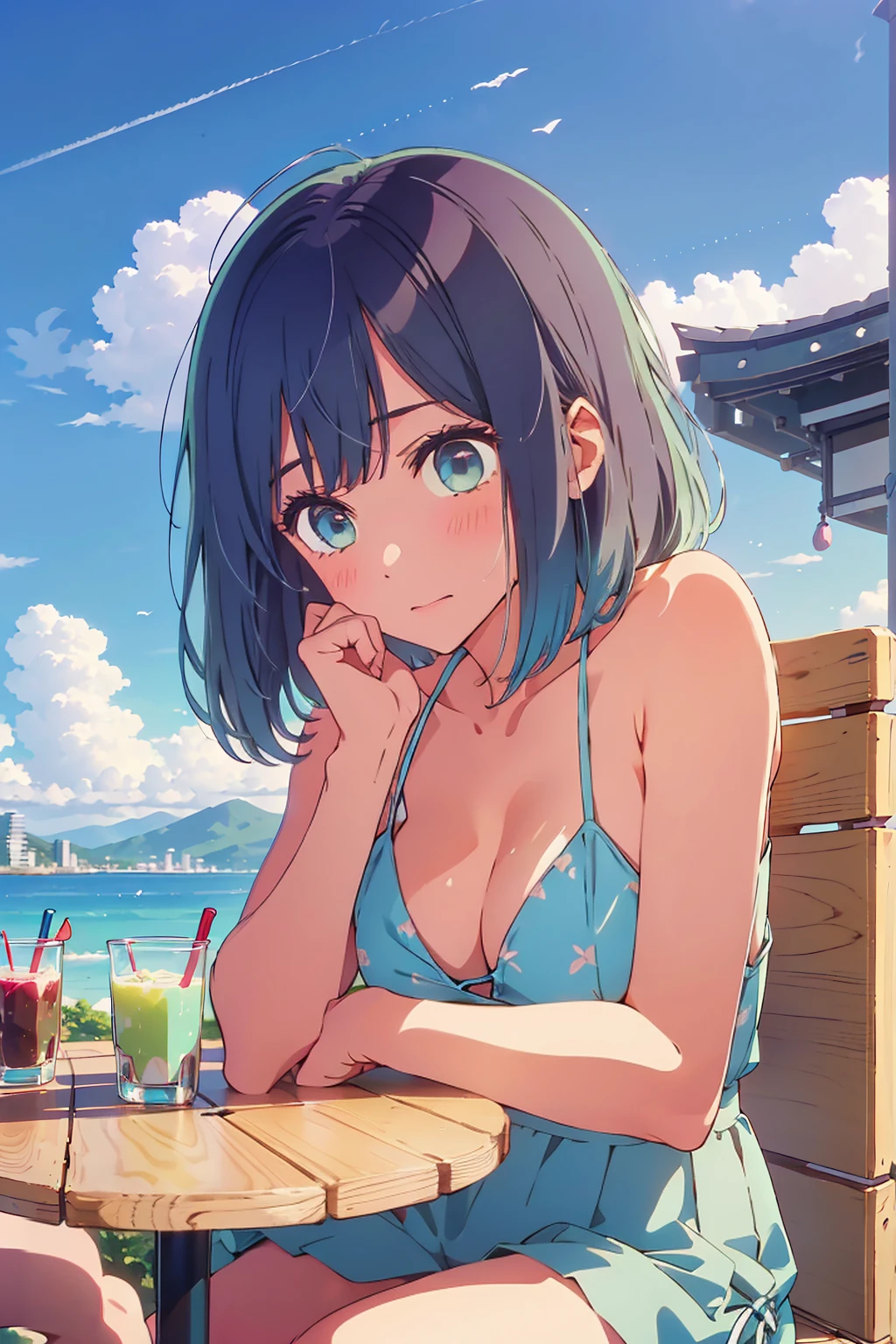 (Highest quality:1.4、8K:1.4、detailed)、F cup bust、Big Breasts、Slim body、Very white beautiful skin、((((1 person、Surprised expression、sit、Chair、In the background are the urban buildings of Tokyo、looking at the camera、Outdoor café terrace、coastal、Navy hair color、juice、Shooting up close、table、Very cute face))))、(Pose of putting hair behind ears with hands:1.4)、(nude:1.1)、bikini、Very blue sky、A completely cloudless sky