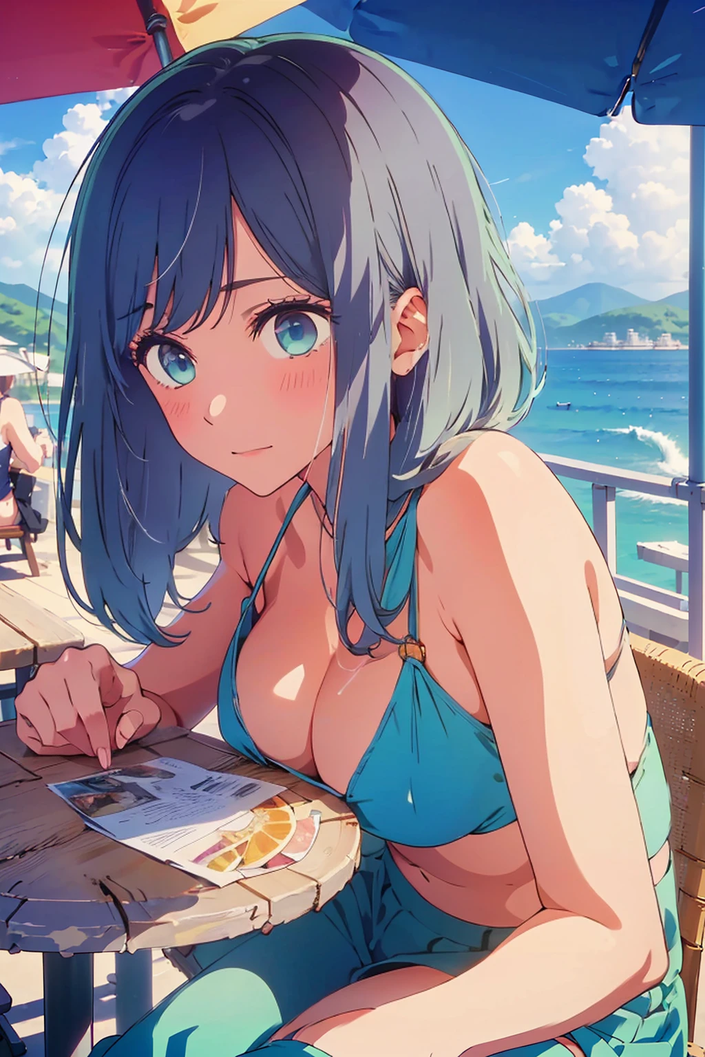 (Highest quality:1.4、8K:1.4、detailed)、F cup bust、Big Breasts、Slim body、Very white beautiful skin、((((1 person、Surprised expression、sit、Chair、In the background are the urban buildings of Tokyo、looking at the camera、Outdoor café terrace、coastal、Navy hair color、juice、Shooting up close、table、Very cute face))))、(Pose of putting hair behind ears with hands:1.4)、(nude:1.1)、bikini、Very blue sky、A completely cloudless sky