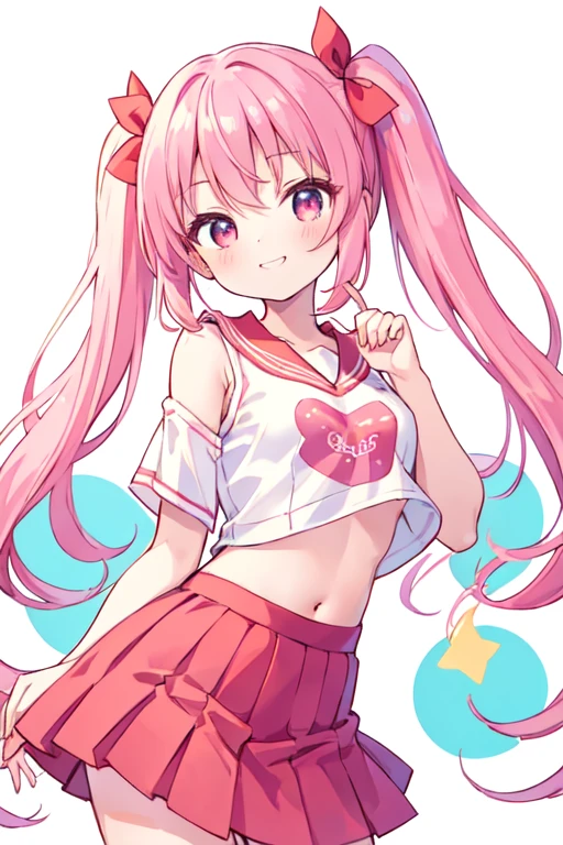 (best quality, masterpiece:1.2), illustrations, a cute girl, cute face, kawaii, very lovingly face,
 1 girl, 14-year-old, early teens, (cute),
 twintails, pink hair, shiny hair,
 pink eye,
 small breasts, 
 cheerleader, white and red crop top, white and red sleeveless shirt, midriff, red miniskirt, red pleated skirt,
 smile,
 white background,