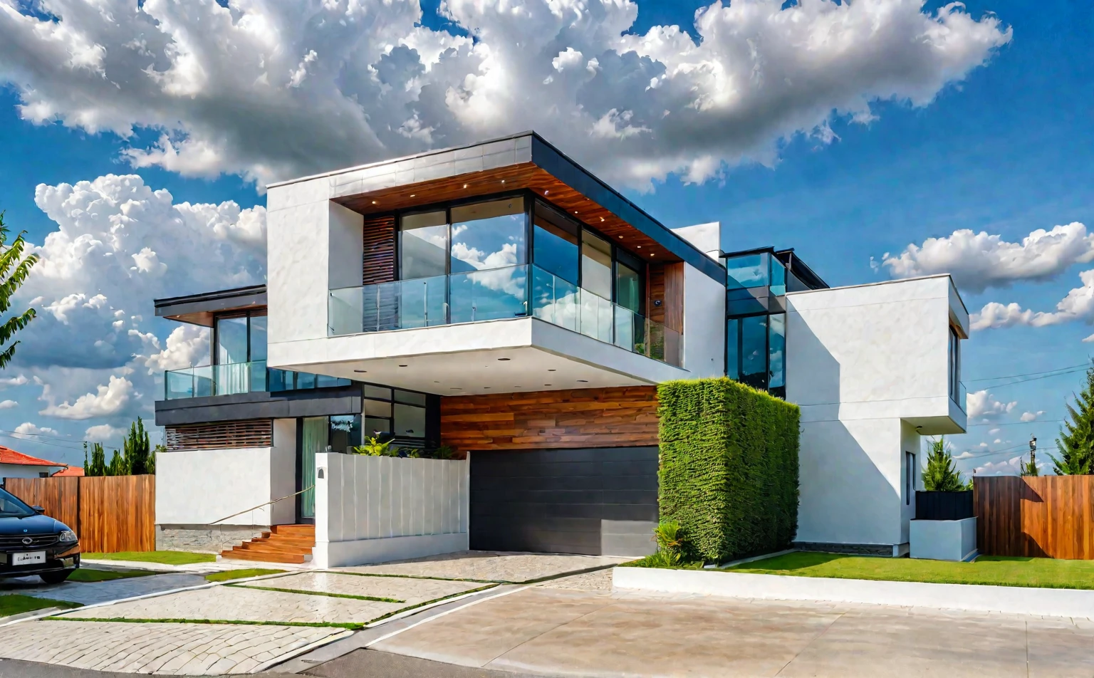 Raw photo,Masterpiece, high quality, best quality, authentic, super detail,
outdoors, house style modern on the street, white wall, glass windows, wooden ceiling, balcony, gate, minimalist line
road,pavement, grass, trees, sky, cloud, (day:1.1), vivid colour,