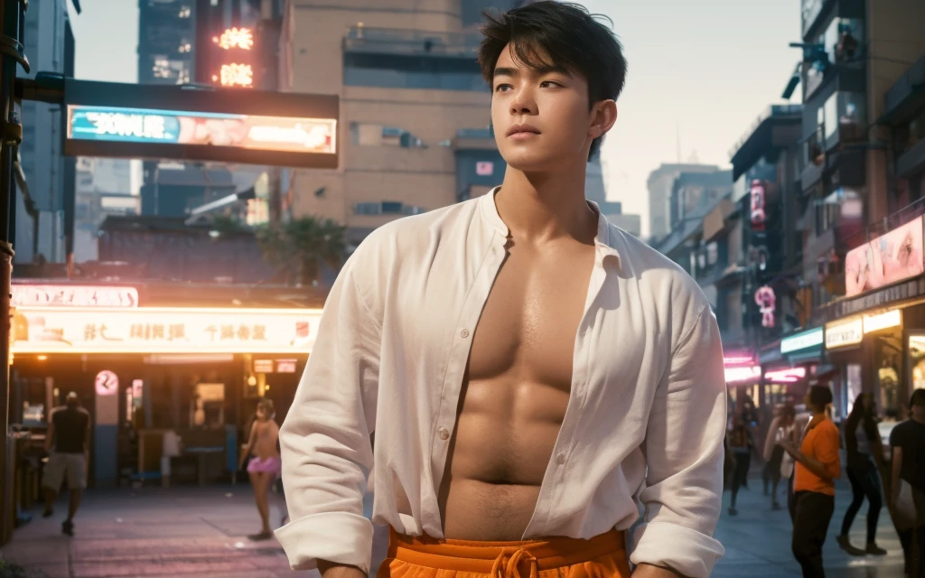 In the midst of a city at dusk, a young Chinese boy stands on a cobblestone street, bathed in the warm, orange glow of the setting sun. The sky behind him is painted with hues of pink and orange, casting a dreamlike filter over the scene.
His hair is straight and natural, with bangs softly brushed by a gentle breeze. His face is youthful and clean-shaven, exuding an innocent charm. He wears a simple white T-shirt that clings to his muscular frame, highlighting his well-defined pecs and strong muscles. He is dressed in shorts, which show off his athletic legs. His hands rest casually at his sides, conveying a relaxed and confident demeanor.
Behind him, the lively street is lined with shops and neon lights that twinkle in various colors. People hustle and bustle, but he seems detached from the commotion. His gaze is soft and contemplative, fixed on the distant horizon, as if lost in thought. A faint smile plays on his lips, though his eyes reveal a hint of sadness and nostalgia.
((depth of field)),((open and vast place)),telephoto lens,(((close-up))),(chest focus),(((perspective from below))),(simple background),(simple color),((blurry)),(horizon),
1boy,cool guy,peaceful,((floating short hair)),((((bangs)))),(((soft clean hair))),(((silky skin))) ,((smooth skin)) ,clean body,(clean face),((smooth face)),(natural pretty face),((adam's apple)),((looking at you)),((solo)),(age),(wind),(chin up),(hopeful),
((skin tight open shirt)),(mini white shirt),see-through,
(narrow waist),slender waist,muscular,(broad shoulders),((huge wide chest)),(((huge plump chest)))