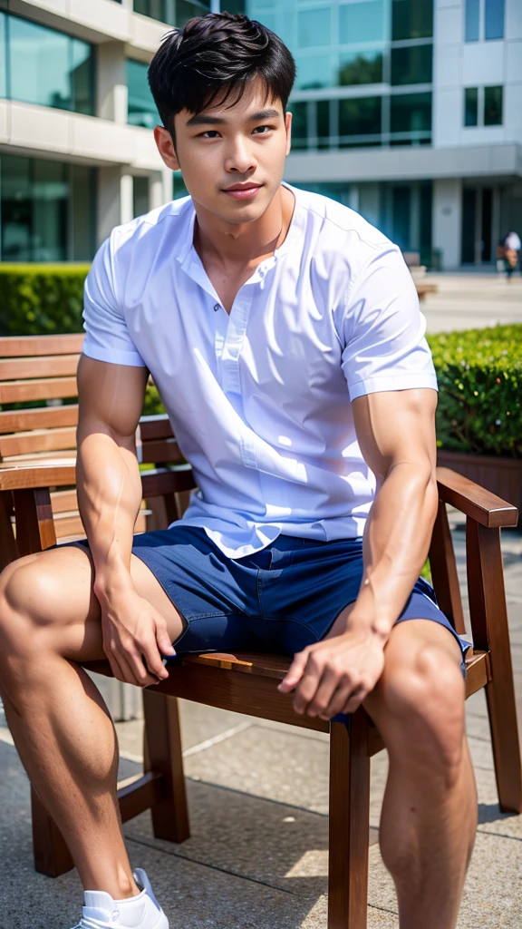 Masterpiece, best quality, High quality, วอลล์เปเปอร์ CG unity 8k ที่มีvery detailed, depth of field, HDR,,photorealistic,very detailed, 1 man sitting on a chair, Asia, black short hair, , (Thai , white shirt), blue cargo shorts, chest muscles, Big arm muscles, blood vessel, big muscles, Broad shoulders, looking at the audience, Balancing the eyes, (Make eye contact) (outside the building:1.3)