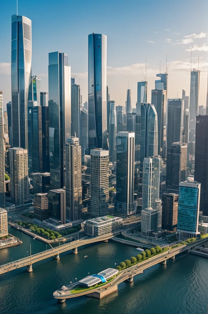 "A dynamic cityscape featuring a blend of modern and futuristic elements. Sleek, contemporary buildings dominate the skyline, while in the distance, towering futuristic structures with innovative designs rise, symbolizing progress and forward-thinking. On the streets, people are engaged in various activities: some are using advanced technology like augmented reality glasses and electric scooters, while others are working on projects that hint at future advancements, such as robotics or sustainable energy. The atmosphere is vibrant and full of energy, highlighting the idea that the actions and innovations of today are shaping a brighter, more advanced future."