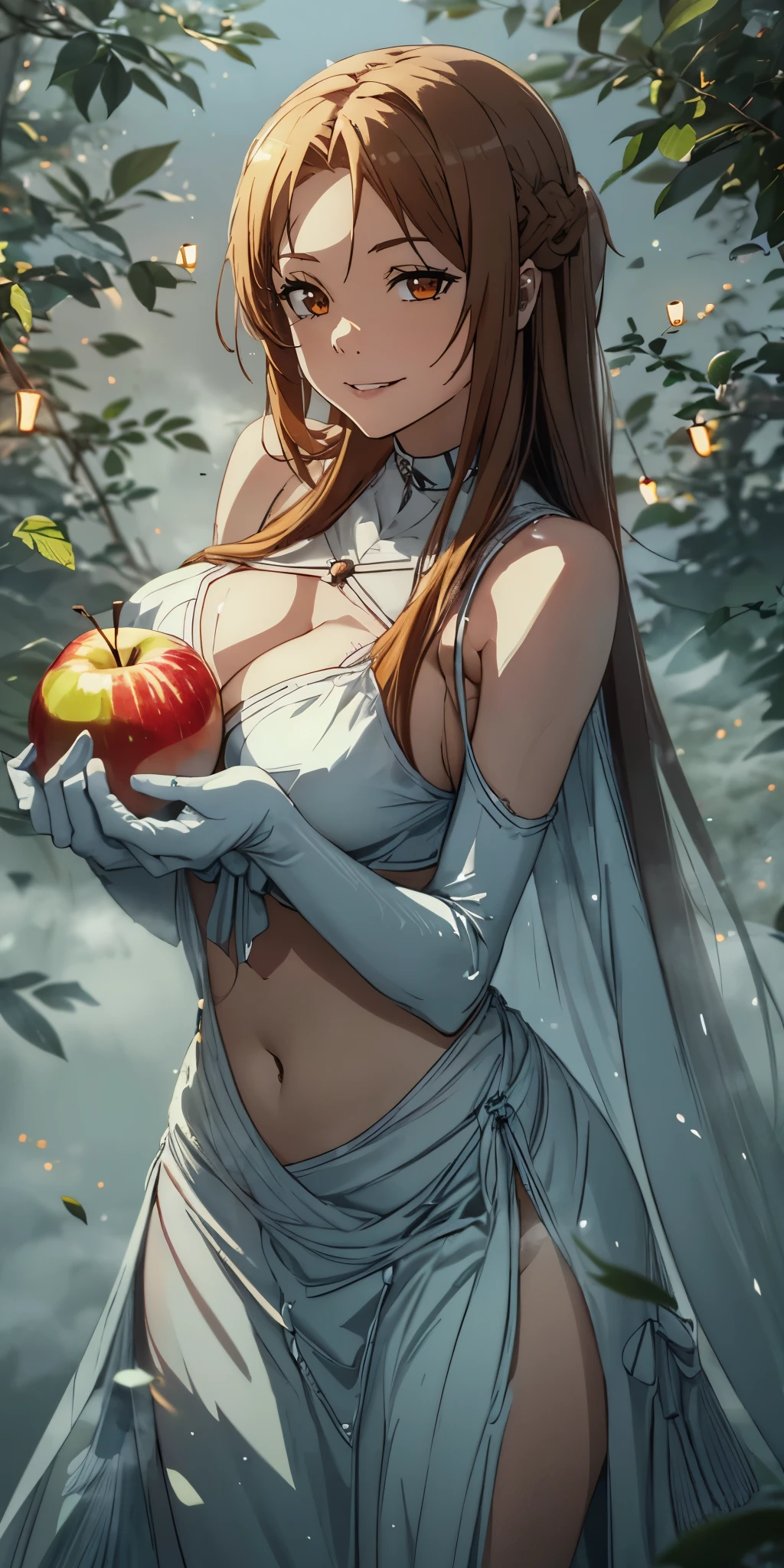 orange hair, fold, braid, long hair, orange eyes, curvy, anatomically correct, best quality, masterpiece, high quality, high details, highres, HD, fruit, food, 1girl, apple, holding_apple, holding_fruit, solo, dress, breasts, holding, looking_at_viewer, white_dress, bare_shoulders, cleavage, choker, elbow_gloves, bokeh, large_breasts,, water drop, reflective, (fog:1.3), fireflies, hollow eyes, orange eyes, lips, smirk, upper teeth, cheek,