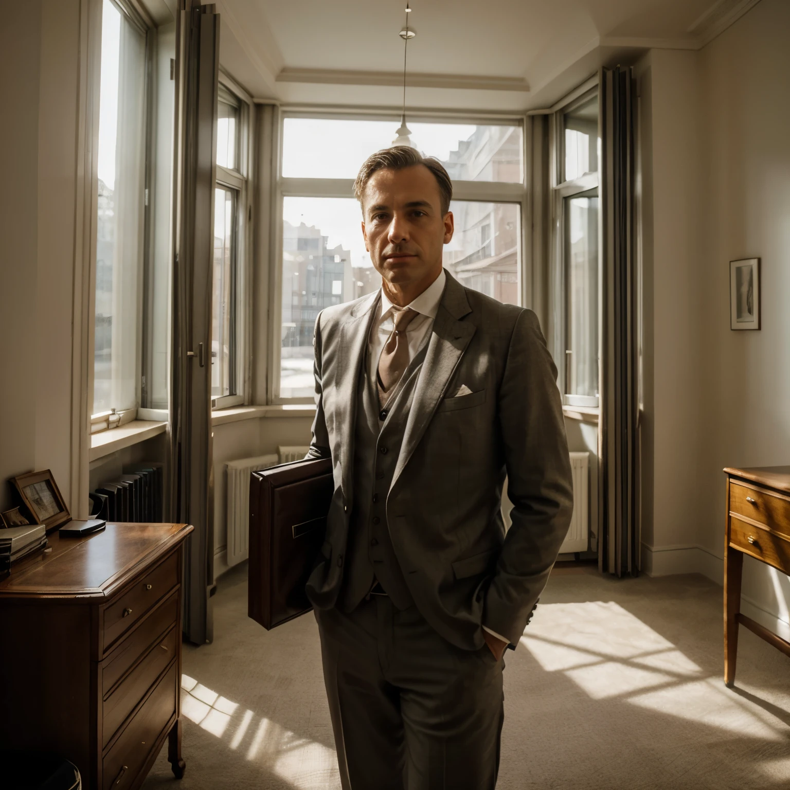 social maffia, bureau, business photo of lawyer (Man) , extrem light from lamp, well lit room, tall 1910s franch windows that bring in much natural light
