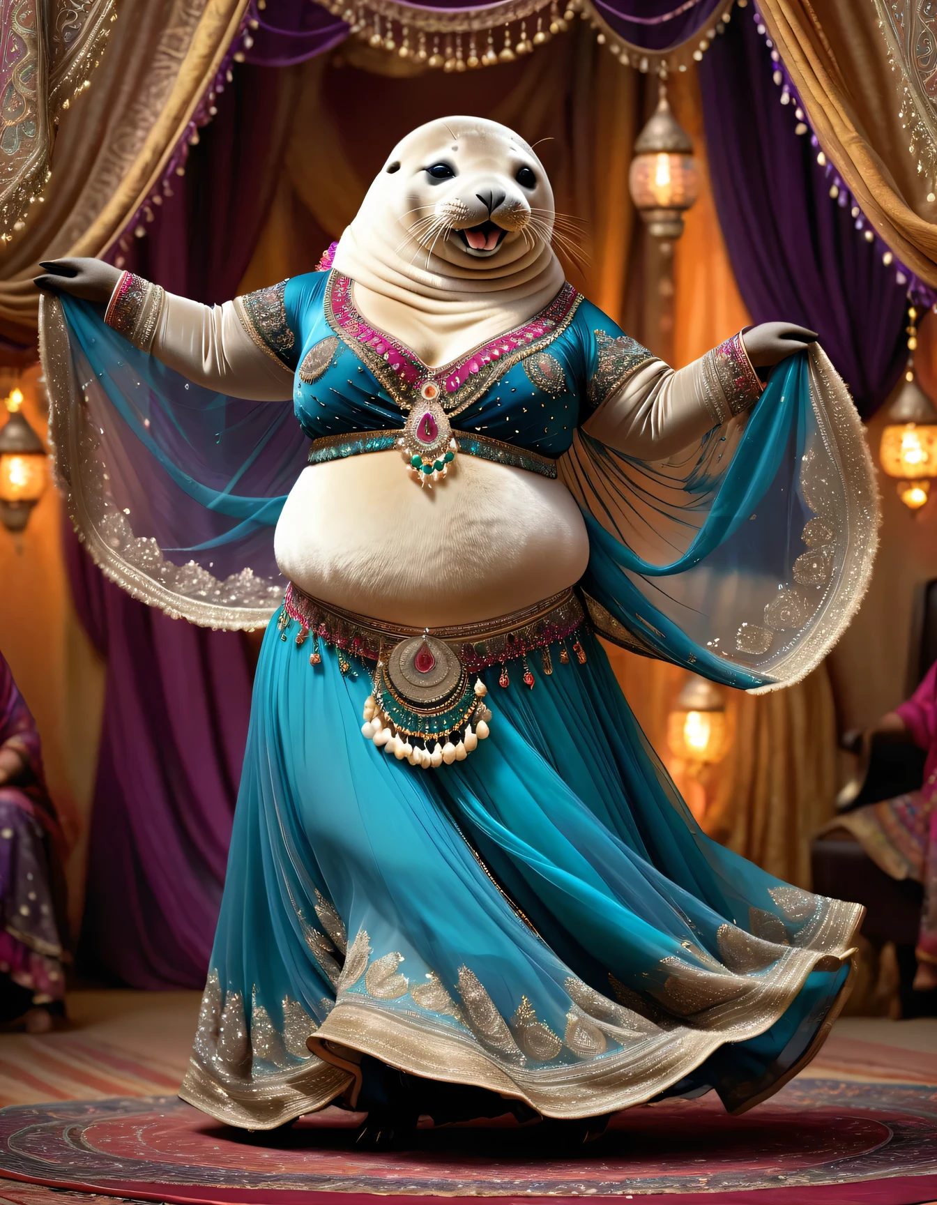 photorealistic portrait of Dressed animals - a ((fat)) ((seal)) dancer,(furry), (dynamic dancing:2.0), (swinging arms :2.0),(happy smile:1.5),high quality,(happy),(lovely) ,intricate details, (sheer veil), highly detailed (( gypsy belly dancing clothes)) ,highly detailed decorations of clothes, Wearing gypsy belly dancing clothes, , (happy), soft lighting,(full body image:1.5),Arabian palace background,(viewed from side:2.0),