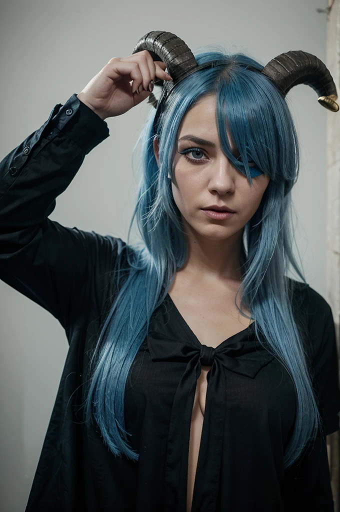 The woman has light blue hair and goat horns, wears a black eye patch, wears a black shirt and a blue tie
