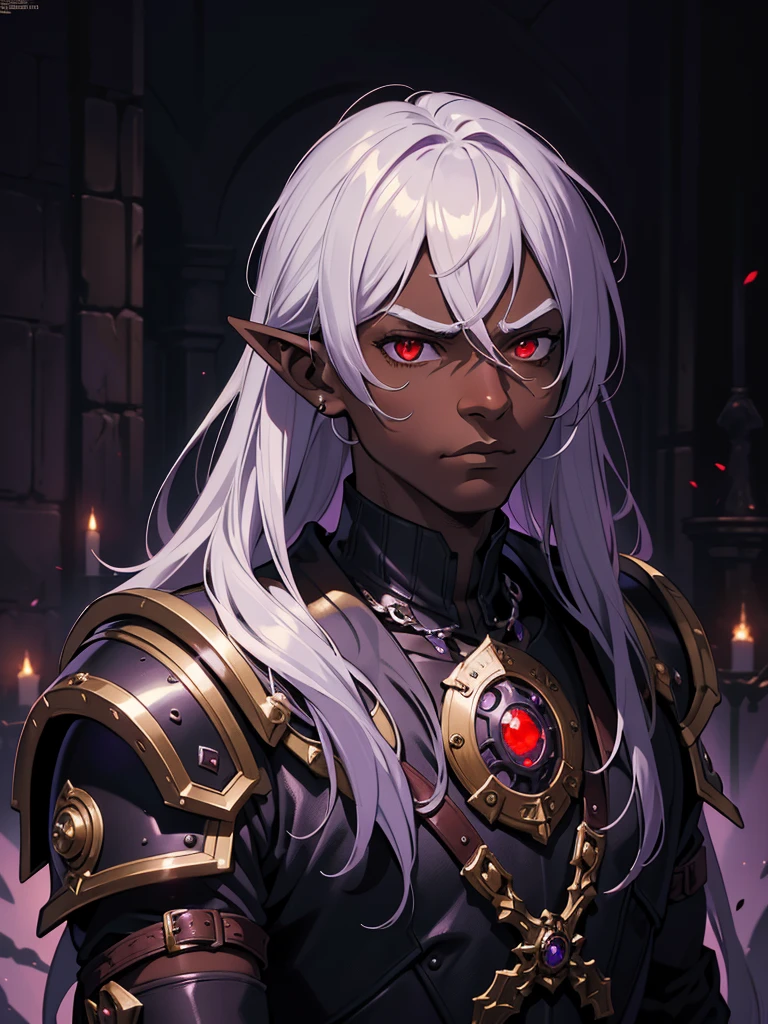 masterpiece, best quality, ultra high res, dark theme, 1boy, (dungeonpunk armor), (steampunk armor), (wearing armor)fantasy illustration, dark skinned, human, upper body, portrait, red eyes, long white hair, half-drow, pointy ears, serious face, young man, dramatic lighting, purple hue, art by Kinema Citrus