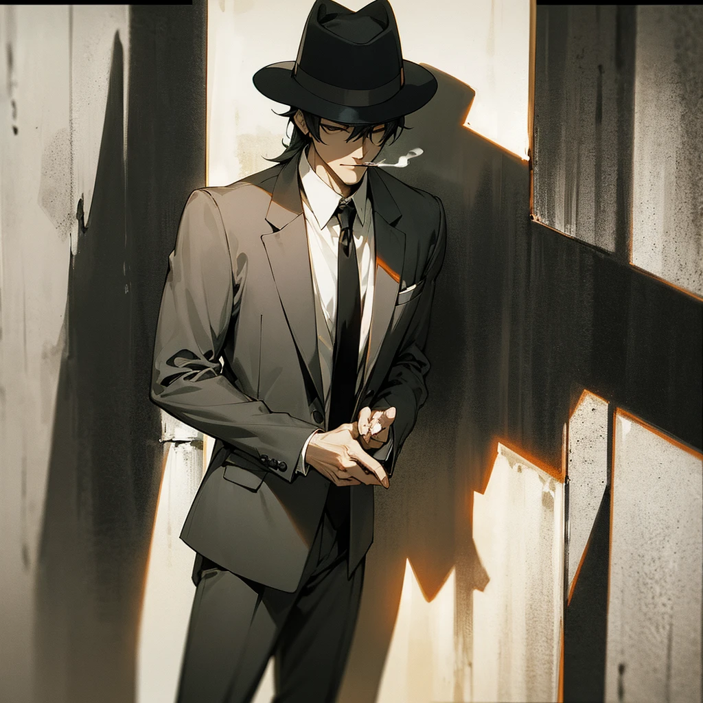 mysterious anime man smoking, wearing an elegant suit, black fedora, face shadowed by fedora, leaning againist a wall, vignette effect, old periodic yellow tint