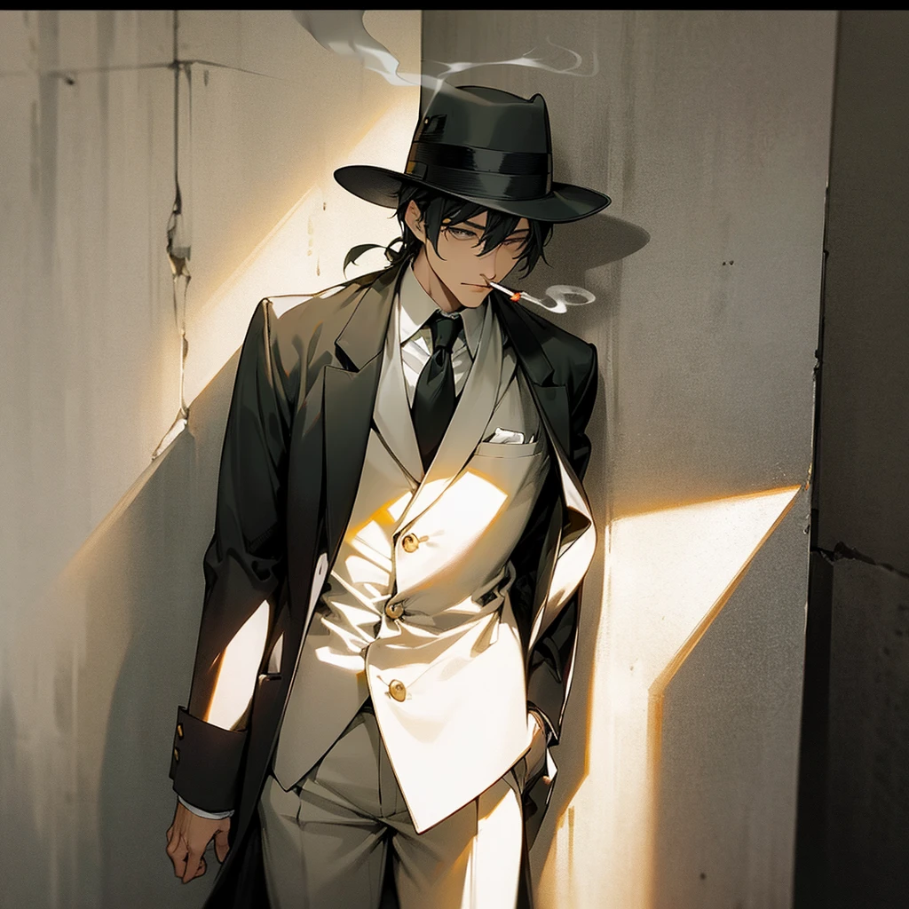 mysterious anime man smoking, wearing an elegant suit, black fedora, face shadowed by fedora, leaning againist a wall, vignette effect, old periodic yellow tint