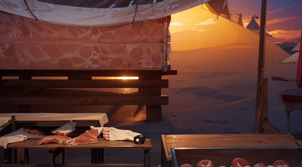 market stall, market tents, (they sell human hand and feet on the table, human meats in the wooden box), wooden table, sand ground, dawn time, dark morning, 