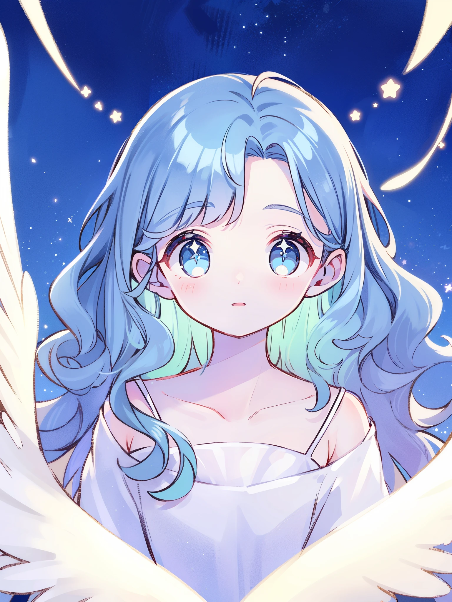 angel girl wearing an ethereal translucent dress, pale skin, ((blue mint wavy hair)), white feathers, angel wings, sparkling detailed eyes, golden ratio face, perfect composition, highly detailed, ethereal, (starry night sky background), midjourney style