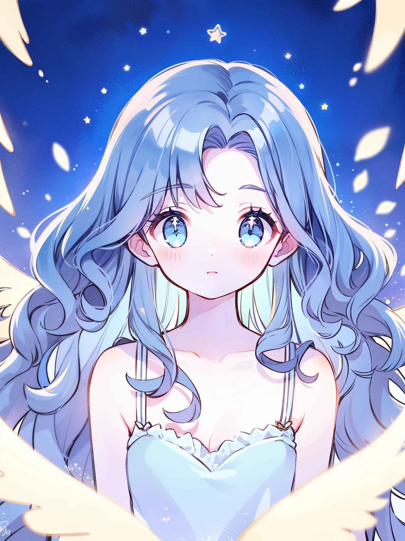 angel girl wearing an ethereal translucent dress, pale skin, ((blue mint wavy hair)), white feathers, angel wings, sparkling detailed eyes, golden ratio face, perfect composition, highly detailed, ethereal, (starry night sky background), midjourney style