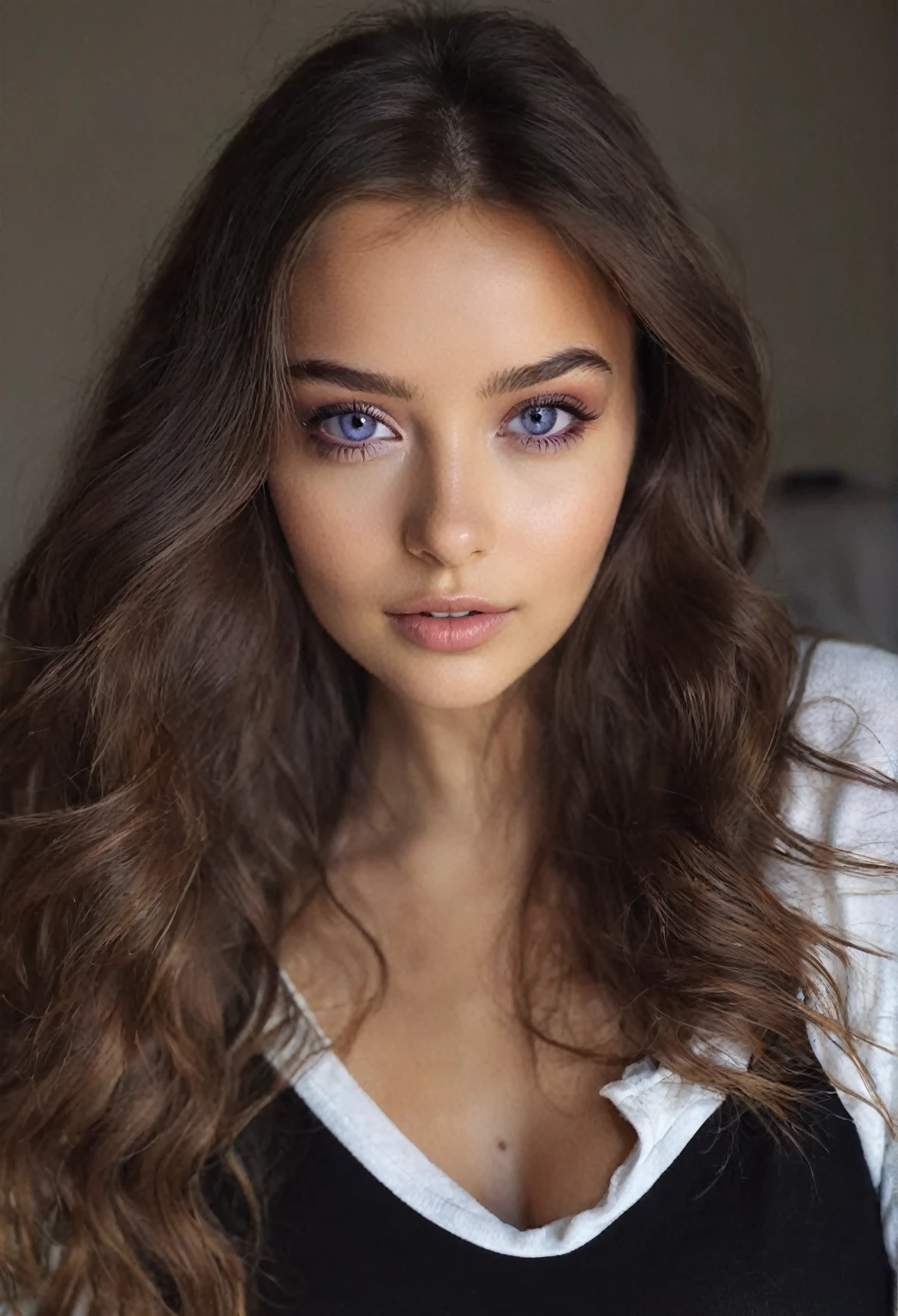 Femme arafed avec des vêtements noirs, fille sexy aux yeux bruns, Portrait de Sophie Mudd, cheveux bruns et grands yeux, Selfie d’une jeune femme, Yeux de chambre, violette myers, sans maquillage, Maquillage naturel, Regarder directement la caméra, Visage avec Artgram, Maquillage subtil, Superbe photo du corps entier, dans la chambre, clivage
