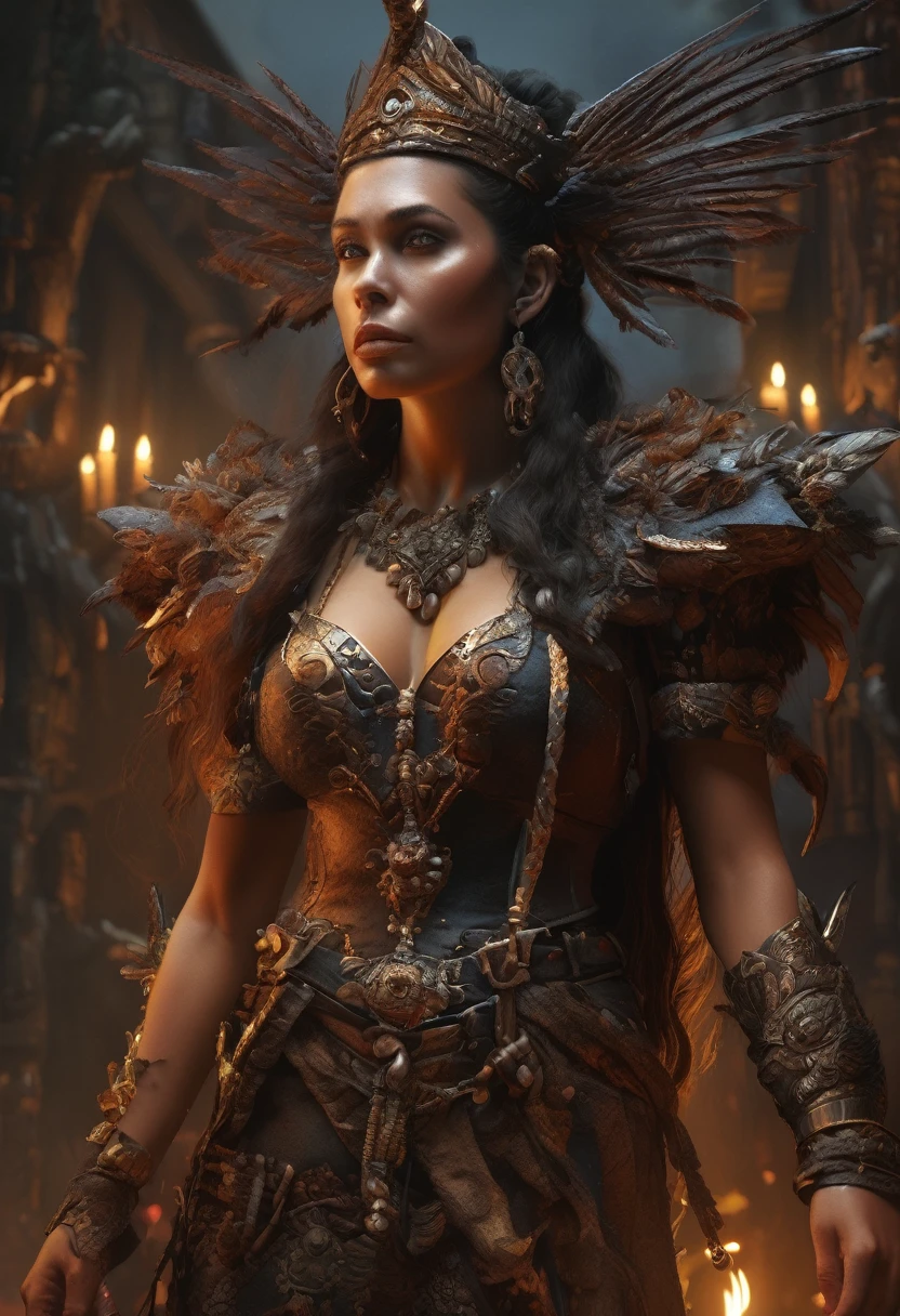 (Award-winning masterpiece:1.5), (incredible detail), (hyper realistic:1.4), (whole body:1.7), (witch chief addressing her coven), (brutal creature's head on a spike), (detailed depiction of resilience and determination), (dramatic lighting), (intricate details:1.1)