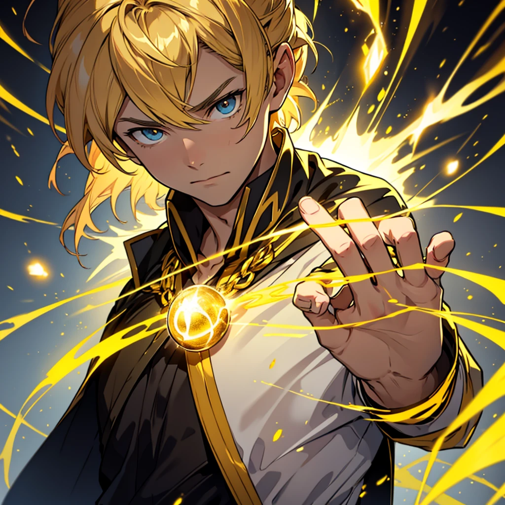 The dark blond-haired hero with the power to conjure orbs of yellow energy, adolescent, black clothes, yellow and gold. Pure and innocent