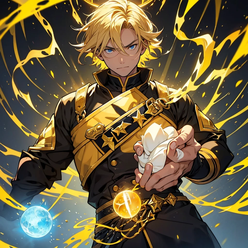 The dark blond-haired hero with the power to conjure orbs of yellow energy, adolescent, black clothes, yellow and gold. Pure and innocent