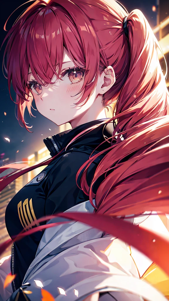 profile background, anime girl, serious face, ponytail, long red hair, blush, eyes yellow, clingy clothes, high-res portrait, detailed eyes and face, character, fantasy, advanced urban, from the front, 4K, high resolution