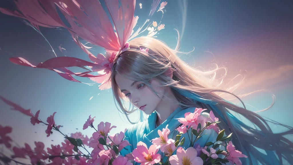 32k, Masterpiece, Highest quality, One girl, Detailed eyes, flower,Alstroemeria, Pink and light blue style,A dreamy, romantic piece,Pale yellow, Mysterious Leaves,A playful arrangement,Fantasy,High Contrast,Ink strokes,explosion,Exposure, Impression of pink and light blue tones,Abstract,((Watercolours by John Berkey and Jeremy Mann )) Brush strokes,Negative Space, Tyndall effect,