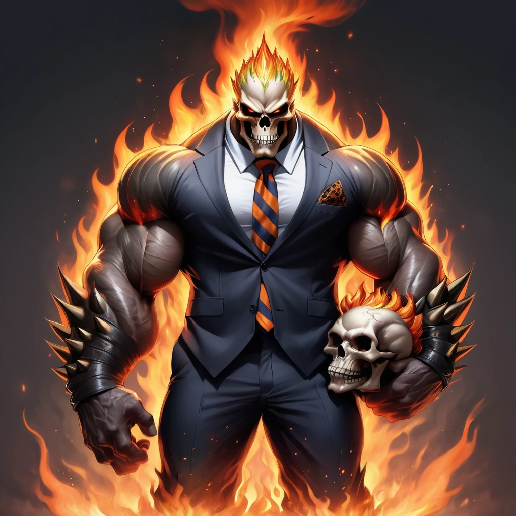 tiger, muscled with huge pecs , hugge torso , huge arms , with a skull head like with fire , in suit with a tie ans spikes