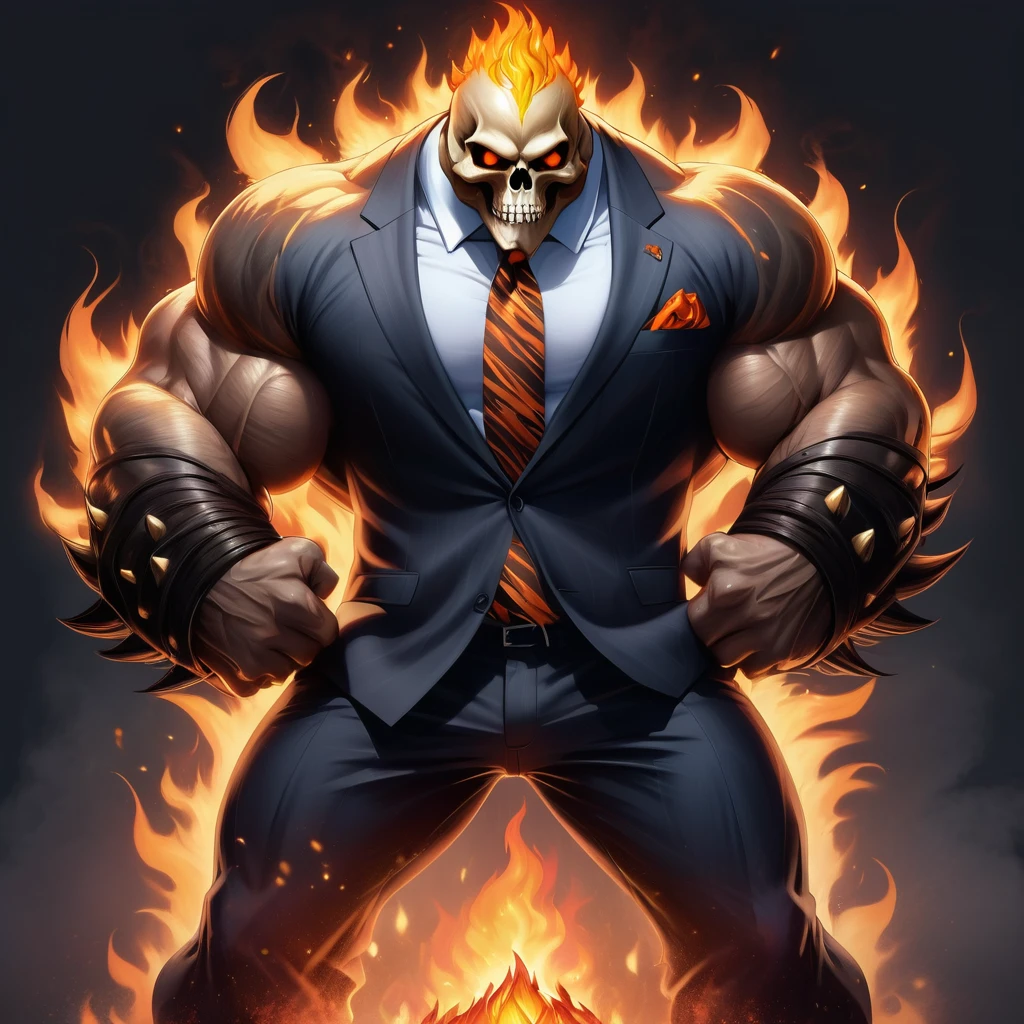 tiger, muscled with huge pecs , hugge torso , huge arms , with a skull head like  with fire , in suit with a tie ans spikes