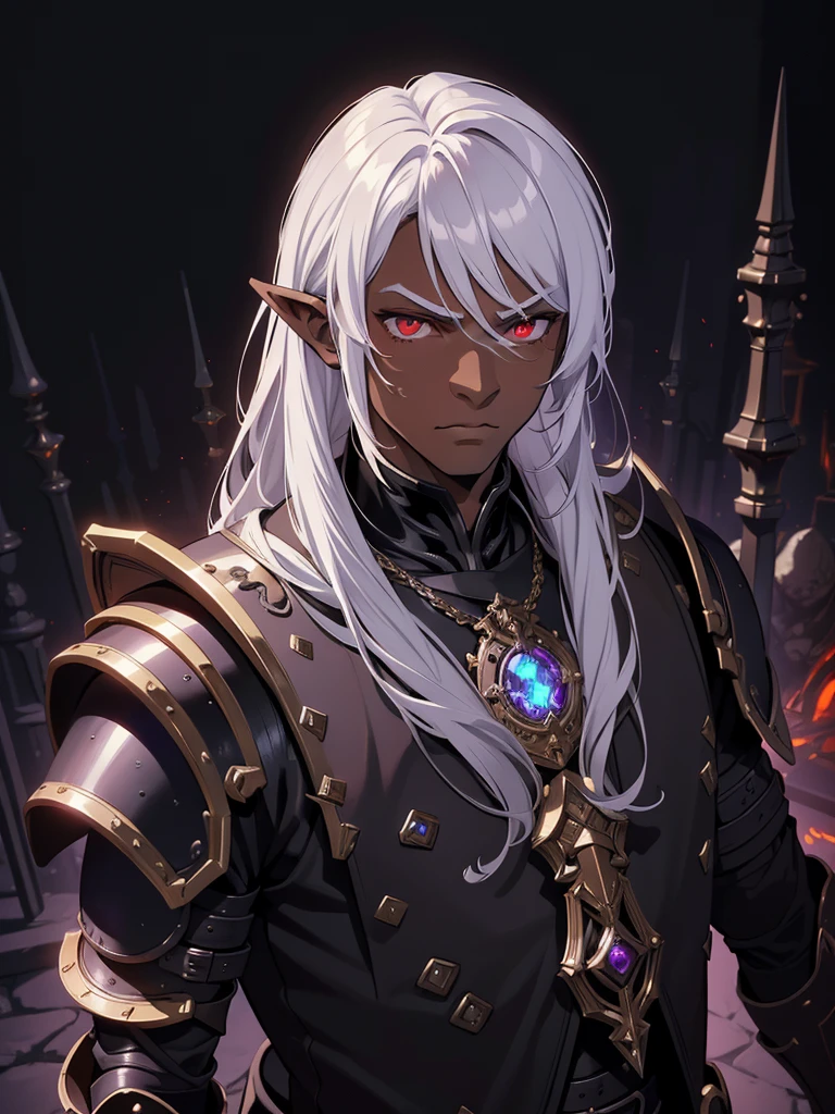 masterpiece, best quality, ultra high res, dark theme, 1boy, (dungeonpunk armor), (steampunk armor), (wearing armor)fantasy illustration, dark skinned, human, upper body, portrait, red eyes, long white hair, half-drow, pointy ears, serious face, young man, dramatic lighting, purple hue, art by Kinema Citrus