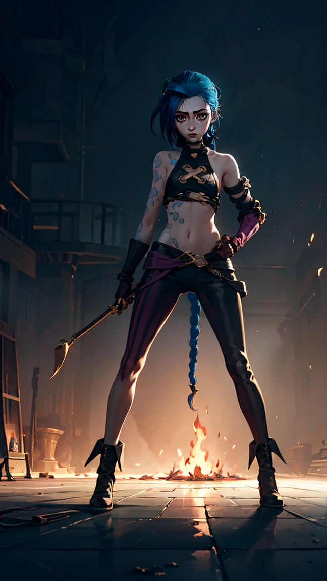 (masterpiece, Best quality), 1 girl, portrait, very sexy, crazy look, smile, crying, pink tears, tears on the cheeks, tears from eyes, full length (full body 1.1.), очень feminine, fighting stance, battle, fire, explosions, burning city, Beautiful waist, gloomy composition, flame, fire, Flash, very beautiful, feminine, long hair, hair braided in long braids, very sexy, tight leather pants, emphasis on the eyes, face accent, Beautiful face, Hands, Hair, Haired ponytail, red purple eyes, Джинкс crying, Blue cloud tattoo, (masterpiece, Best quality), Side lighting, beautiful detailed eyes, crazy face), (Best quality), (masterpiece), magic photography, Spectacular lighting, Photorealism, ultra detailed, интимная portraitная композиция, 1. 4,8 k UHD, aesthetic, Cd., A high resolution, 8 k, better lighting, Best shade, Ultra-HD, A high resolution, sharp focus, Complex background, Cinematic lighting, ((Landscape view)), 4K block, (better lighting), ((Cinematic lighting)),