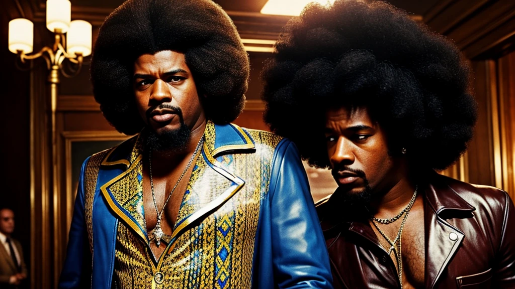 1970's pimp named "Mr Lickity Split", he has a goatee and an afro, he is wearing 1970s attire, cinematic action, masterpiece, super detail, textured skin, atmospheric perspective,