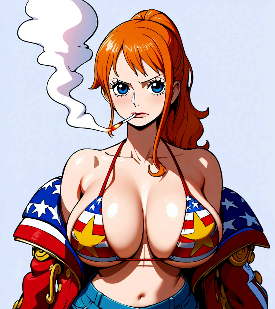 a cartoon picture of a woman in a bikini top and jeans, nami one piece, nami from one piece, nami, beautiful portrait of nami, from one piece, oppai, blue eyes, smoking, ponytail, red yellow star America bikini