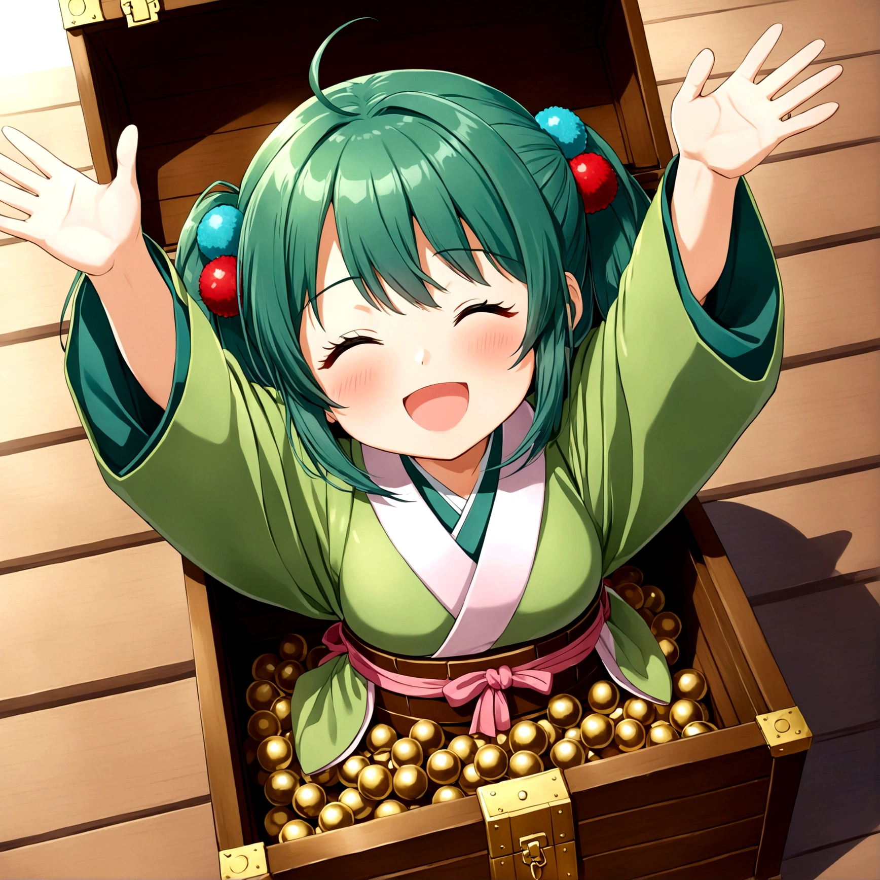 1girl, solo, blush, smile, short hair, open mouth, hair ornament, long sleeves, twintails, closed eyes, japanese clothes, green hair, wide sleeves, kimono, outstretched arms, hair bobbles, Treasure Chest, in container, wooden Treasure Chest, in Treasure Chest, kisume