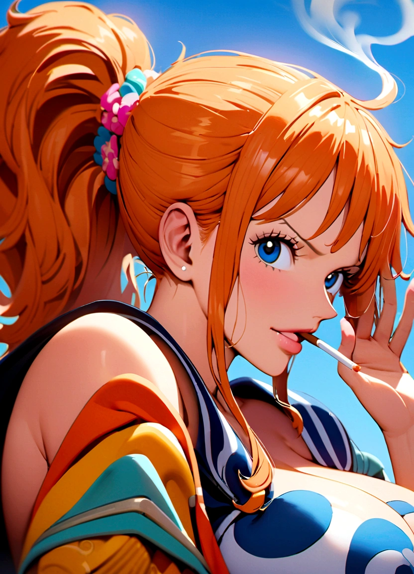 sailor girl with a big breast and a big breast, nami one piece, nami from one piece, beautiful portrait of nami, nami, from one piece, smoking, blue eyes, ponytail