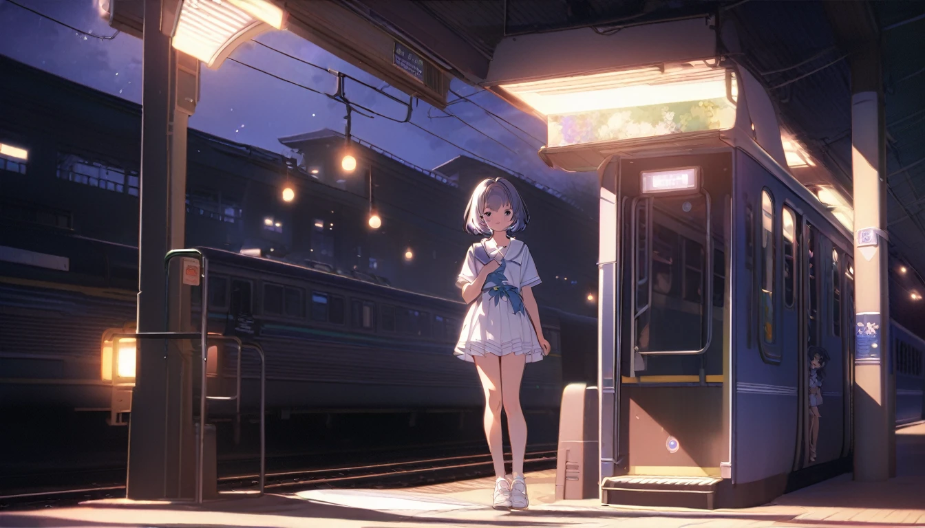 masterpiece, (((wearing headphones))). (anime girl posing). ((1990s anime)). ((City Pop girl)). Gorgeous features . Hyper detailed. High definition. Anime style. HDR. 8k. This contrast between the fantastical character and the more bold color scheme and elements gives the piece an intriguing narrative quality. painted realism, photorealistic, fantasy digital art,Render Related Information: 32K resolution,Expressive details, Season: summer, Time: Dawn, (((Waiting on the station platform to catch the train before going to school ))),full body,smile.Moonlight illuminates the dimly lit room.90s,short hair girl,beautiful girl,(((A woman whose back can be seen up to her waist))),(woman from behind),