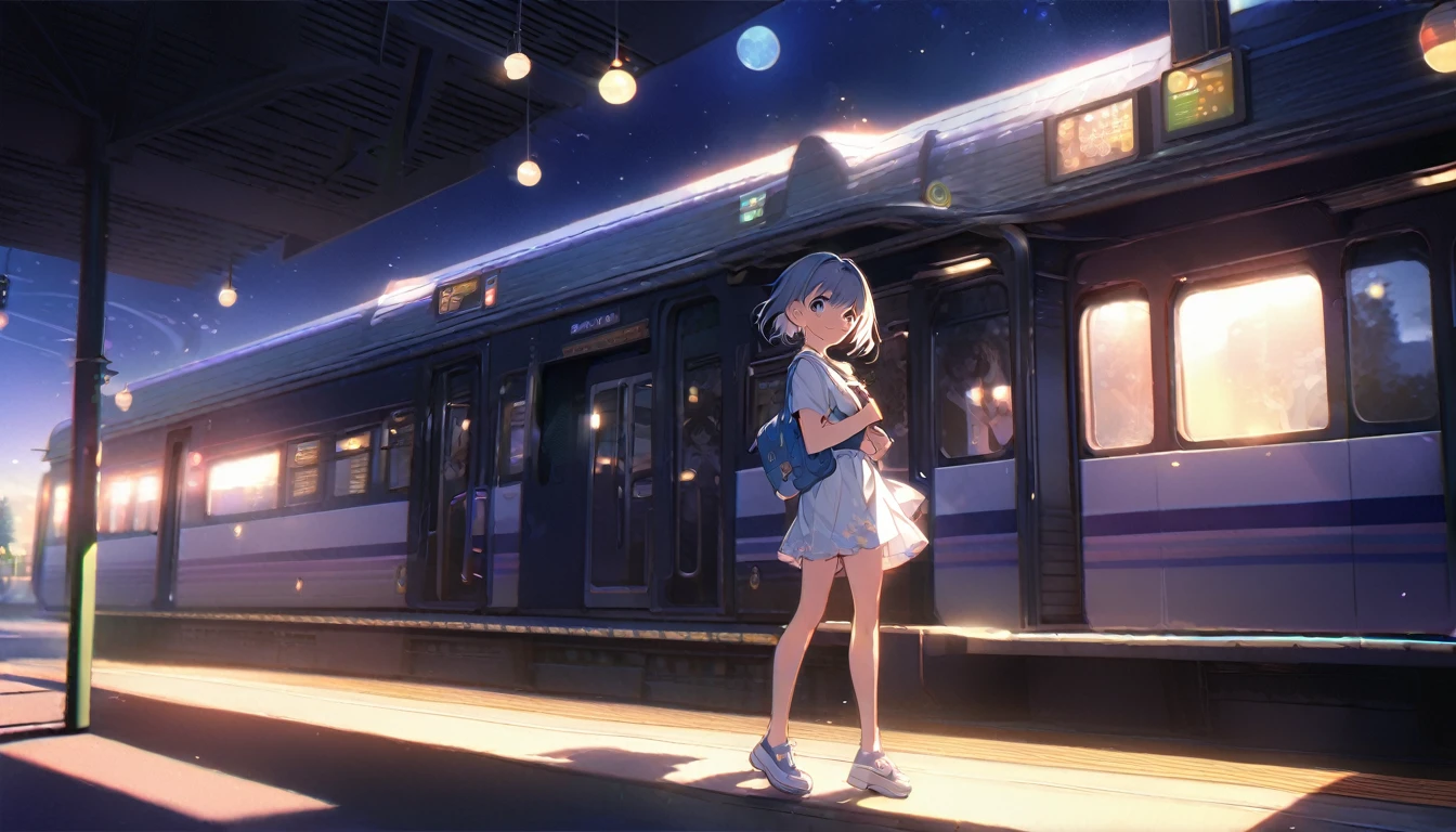 masterpiece, (((wearing headphones))). (anime girl posing). ((1990s anime)). ((City Pop girl)). Gorgeous features . Hyper detailed. High definition. Anime style. HDR. 8k. This contrast between the fantastical character and the more bold color scheme and elements gives the piece an intriguing narrative quality. painted realism, photorealistic, fantasy digital art,Render Related Information: 32K resolution,Expressive details, Season: summer, Time: Dawn, (((Waiting on the station platform to catch the train before going to school ))),full body,smile.Moonlight illuminates the dimly lit room.90s,short hair girl,beautiful girl,(((A woman whose back can be seen up to her waist))),(woman from behind),