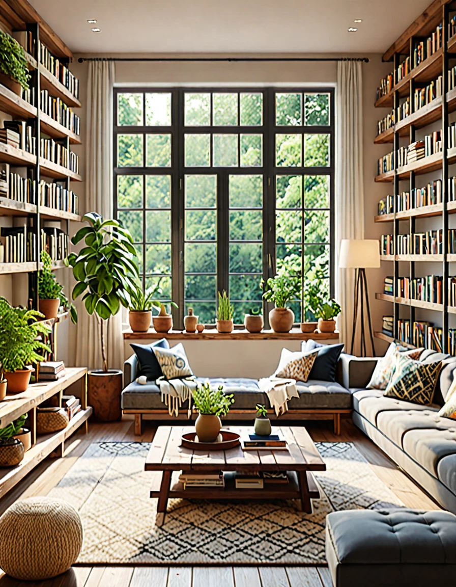 Create a hyper-realistic image of a cozy, sunlit room with a low wooden table and floor cushions. The room should have a large window letting in natural light, illuminating the space. Include elements such as potted plants, a patterned rug, and bookshelves filled with books and small decorative items. The window should offer a view of a lush garden outside. Use warm, inviting colors and soft lighting to enhance the cozy atmosphere. The overall scene should be serene and welcoming, capturing the essence of a peaceful and comfortable living space