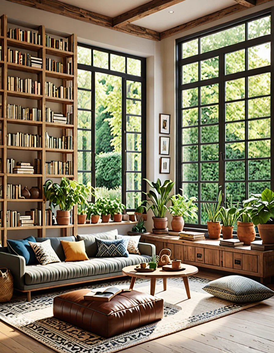 Create a hyper-realistic image of a cozy, sunlit room with a low wooden table and floor cushions. The room should have a large window letting in natural light, illuminating the space. Include elements such as potted plants, a patterned rug, and bookshelves filled with books and small decorative items. The window should offer a view of a lush garden outside. Use warm, inviting colors and soft lighting to enhance the cozy atmosphere. The overall scene should be serene and welcoming, capturing the essence of a peaceful and comfortable living space