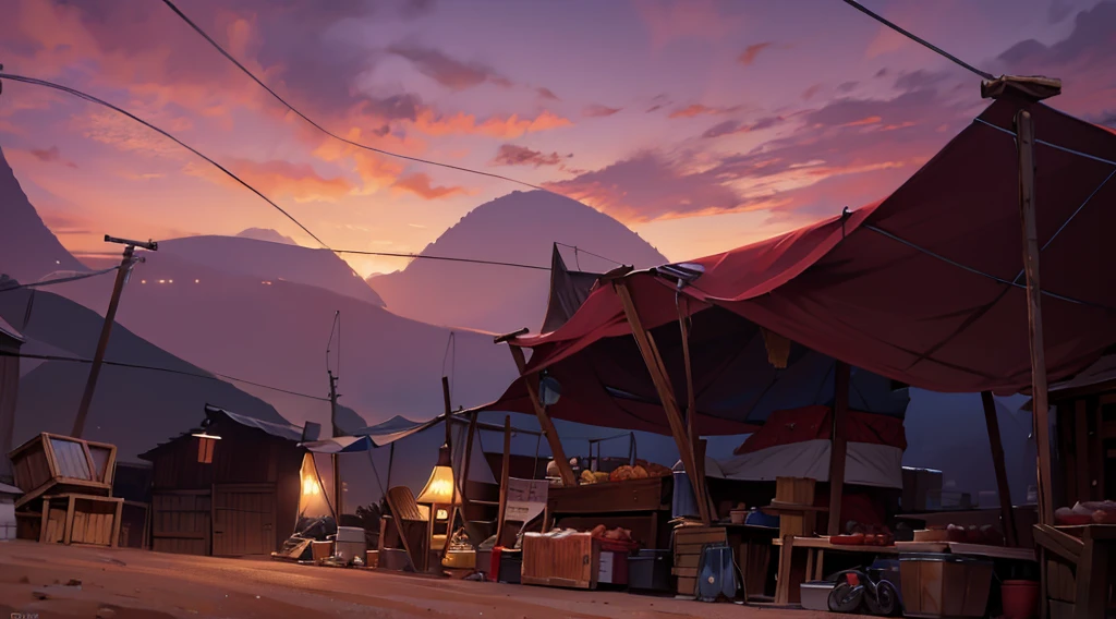 traditional market, market tents, butchery, (they sell human flesh, meats, bones), wooden table, wooden boxes, wooden basket, string, sand ground, dawn sky, dark morning, AnatomicTech