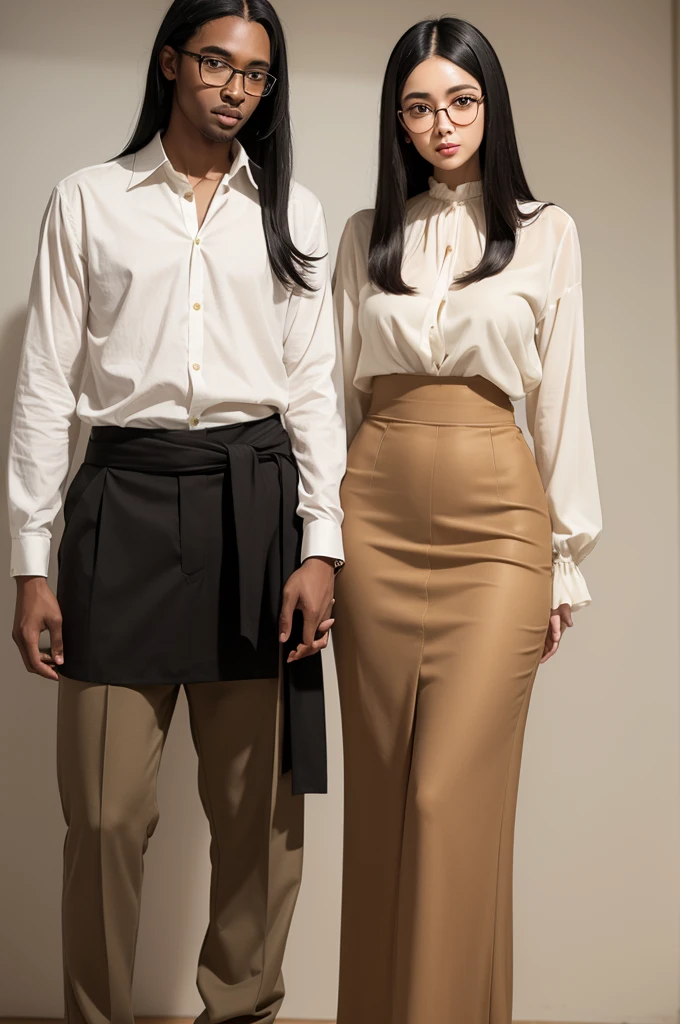 Couple, black woman with long straight black hair wearing a black blouse and a beige skirt and her tall boyfriend with glasses light brown hair and green eyes wearing a white shirt and beige pants white skin