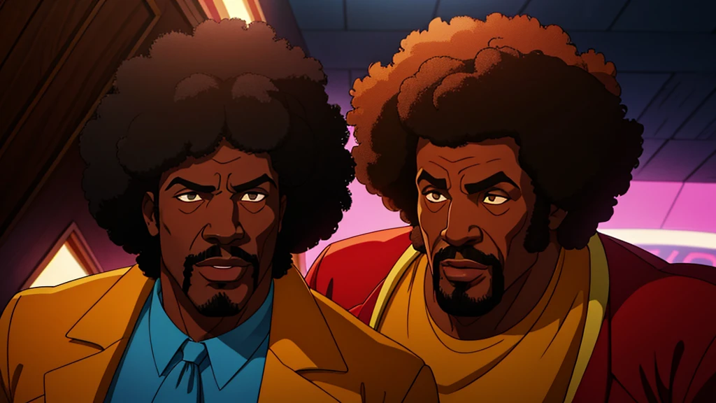 1970's pimp named "Mr Lickity Split", he has a goatee and an afro, he is wearing 1970s attire, cinematic action, masterpiece, super detail, textured skin, atmospheric perspective,