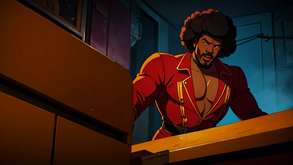 1970's pimp named "Mr Lickity Split", he has a goatee and an afro, he is wearing 1970s attire, cinematic action, masterpiece, super detail, textured skin, atmospheric perspective,