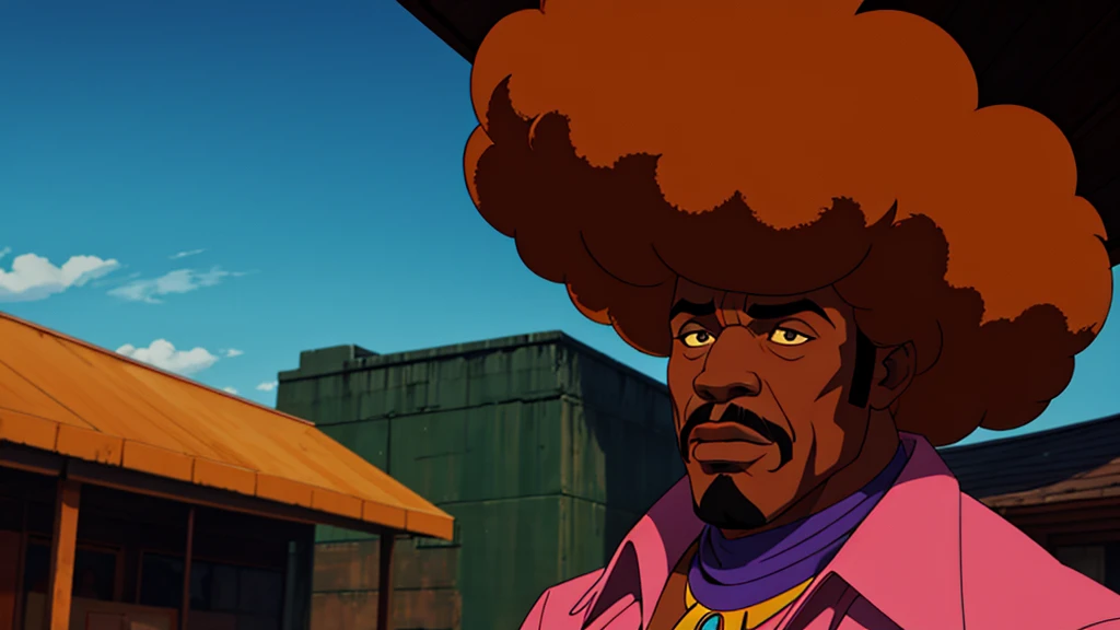 1970's pimp named "Mr Lickity Split", he has a goatee and an afro, he is wearing 1970s attire, cinematic action, masterpiece, super detail, textured skin, atmospheric perspective,