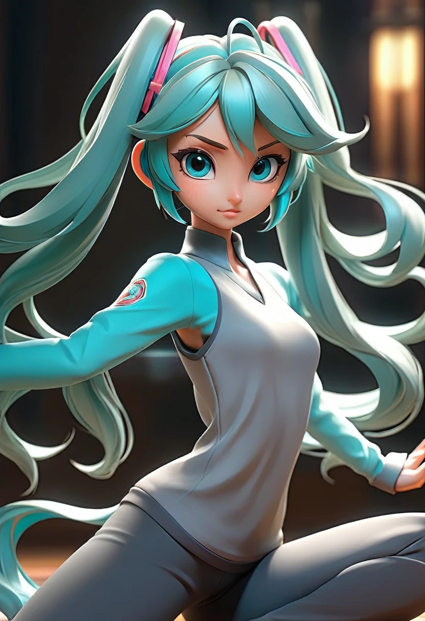 a beautiful, detailed 1girl, hatsune miku, doing yoga, in a seductive pose, dynamic dutch angle view, high angle, masterpiece, 1.2, 8k, hyperrealistic, ultra-detailed, realistic lighting, vibrant colors, volumetric lighting, intricate details, elegant, graceful, ethereal, glowing skin, long flowing hair, cinematic composition