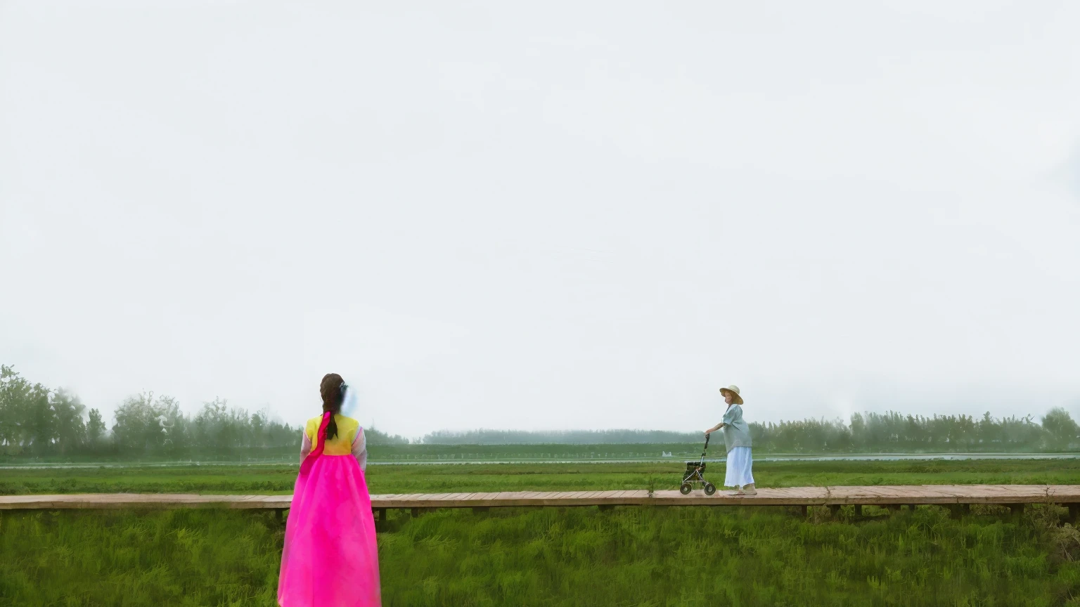 Two women walking on a boardwalk in a field, inspired by Frieke Janssens, Girl's panorama, author:Ker-Xavier Roussel, 受到 Petrus Christus of inspiration, look into the distance, Inspired by Johannes Vermeer, Like a catalog photo, Joachim Patinir (Joachim Patinir) of inspiration, Inspired by Cornelisz Hendriksz Vroom