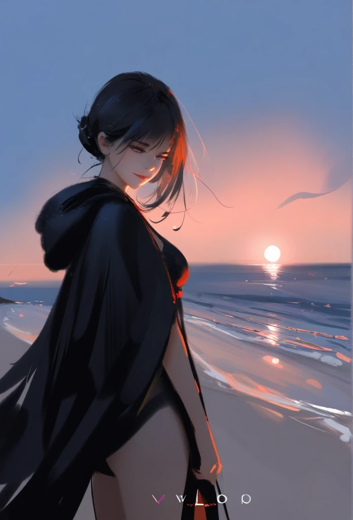 1girl, solo, wlop,
Black hair, gradient eyes, black cloak, seductive smile,
beach, full moon,
masterpiece, best quality,