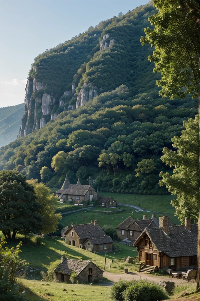 Fantasy forest with small village in the far distant