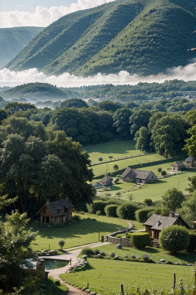 Fantasy forest with small village in the far distant