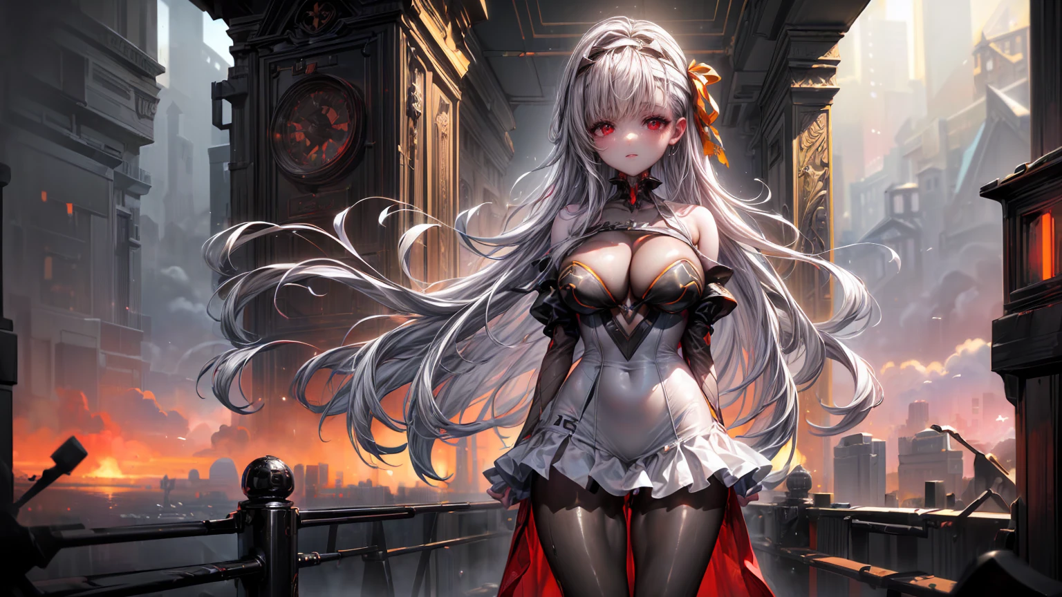 ((((Obra maestra, La mejor calidad, ultrahigh resolution)))), 1girl, standing, (cute maid costume), ((long pure silver hair and grey mesh hair, hair over eye)), long hair cut, pale skin, ((red eyes)), glowing_eyes, neon eyes, (ultra detailed eyes:0.7, beautiful and detailed face, detailed eyes:0.9), ((centered)), smile, ((wide shot)), facing viewer, ((vibrant background, bright lighting, summer, sunlight)), flat chested, looking at viewer, ((half closed eyes)), ((perfect hands)), (((head:1, arms, hips in view, elbows, arms, legs, in view))), ((hands behind back)), empty eyes, beautiful lighting, ((outside, outdoors)), defined subject, head tilt, (((gritty)), ((creepy)), ((cool)), ((beautiful)), (((SFW))), 