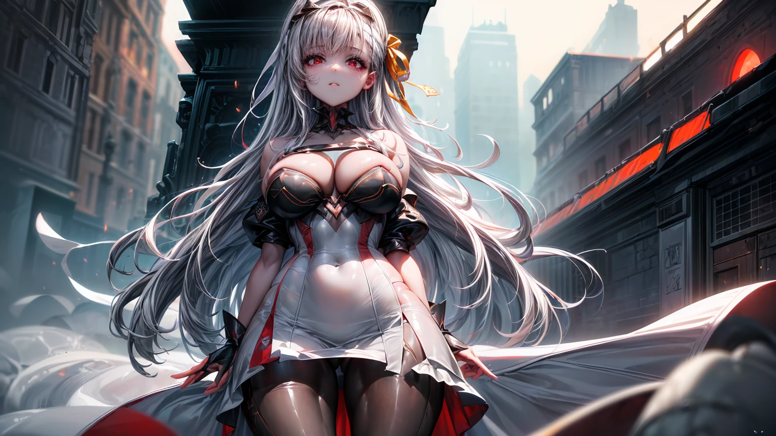 ((((Obra maestra, La mejor calidad, ultrahigh resolution)))), 1girl, standing, (cute maid costume), ((long pure silver hair and grey mesh hair, hair over eye)), long hair cut, pale skin, ((red eyes)), glowing_eyes, neon eyes, (ultra detailed eyes:0.7, beautiful and detailed face, detailed eyes:0.9), ((centered)), smile, ((wide shot)), facing viewer, ((vibrant background, bright lighting, summer, sunlight)), flat chested, looking at viewer, ((half closed eyes)), ((perfect hands)), (((head:1, arms, hips in view, elbows, arms, legs, in view))), ((hands behind back)), empty eyes, beautiful lighting, ((outside, outdoors)), defined subject, head tilt, (((gritty)), ((creepy)), ((cool)), ((beautiful)), (((SFW))), 